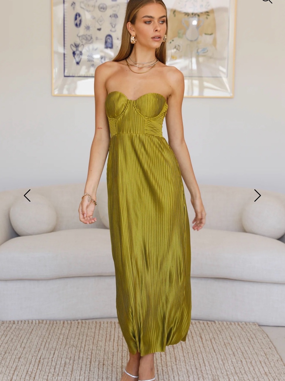 Hello Molly Olive Green Strapless Pleated Midi Dress